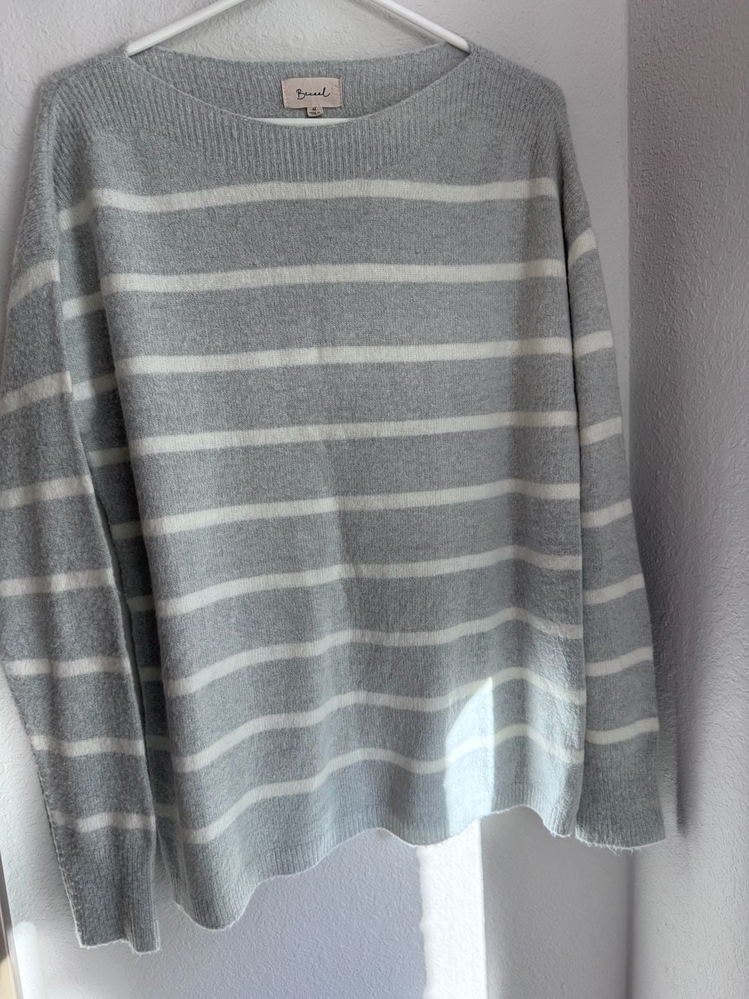 Becool Striped Sweater Size M Gray White Boat Neck Pullover 5