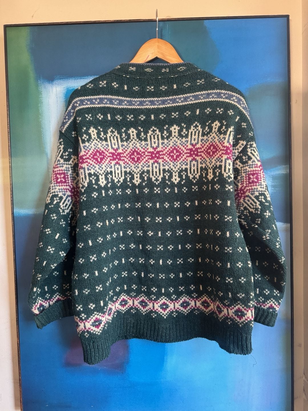 Vintage LL Bean Nordic Fair Isle Cardigan Size Large Green Wool 8