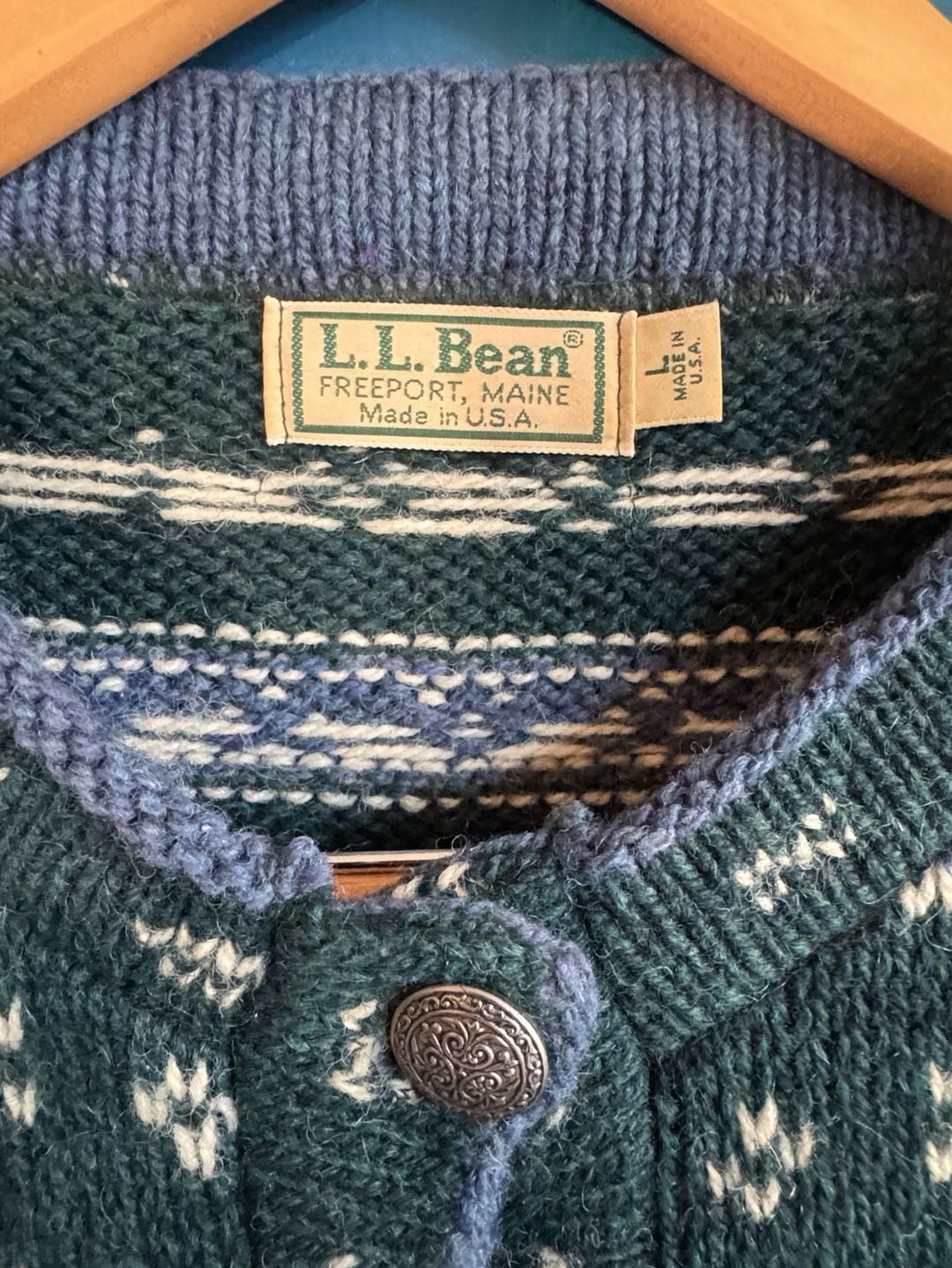 Vintage LL Bean Nordic Fair Isle Cardigan Size Large Green Wool 3