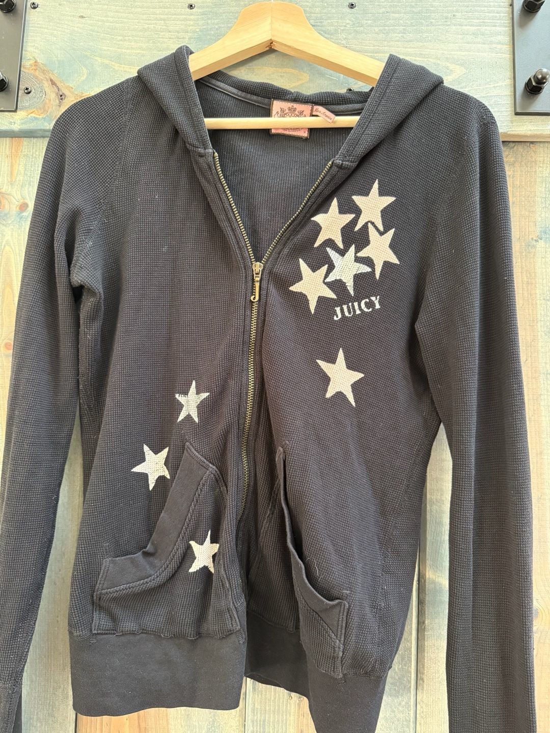 Vintage Juicy Couture Waffle Knit Zip Hoodie Size M Black Star Graphic 3