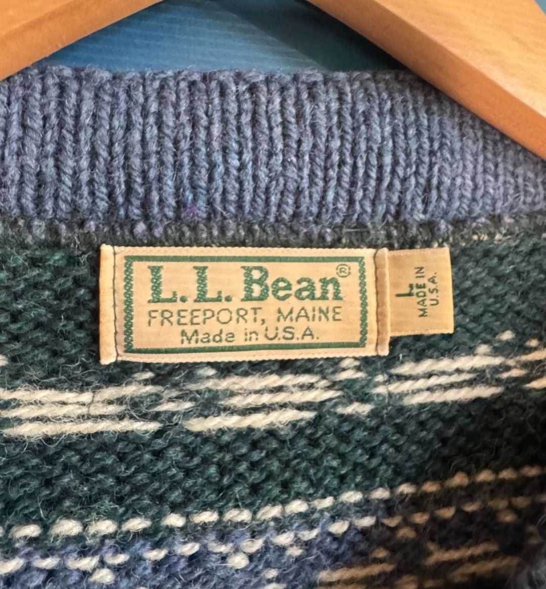 Vintage LL Bean Nordic Fair Isle Cardigan Size Large Green Wool 4