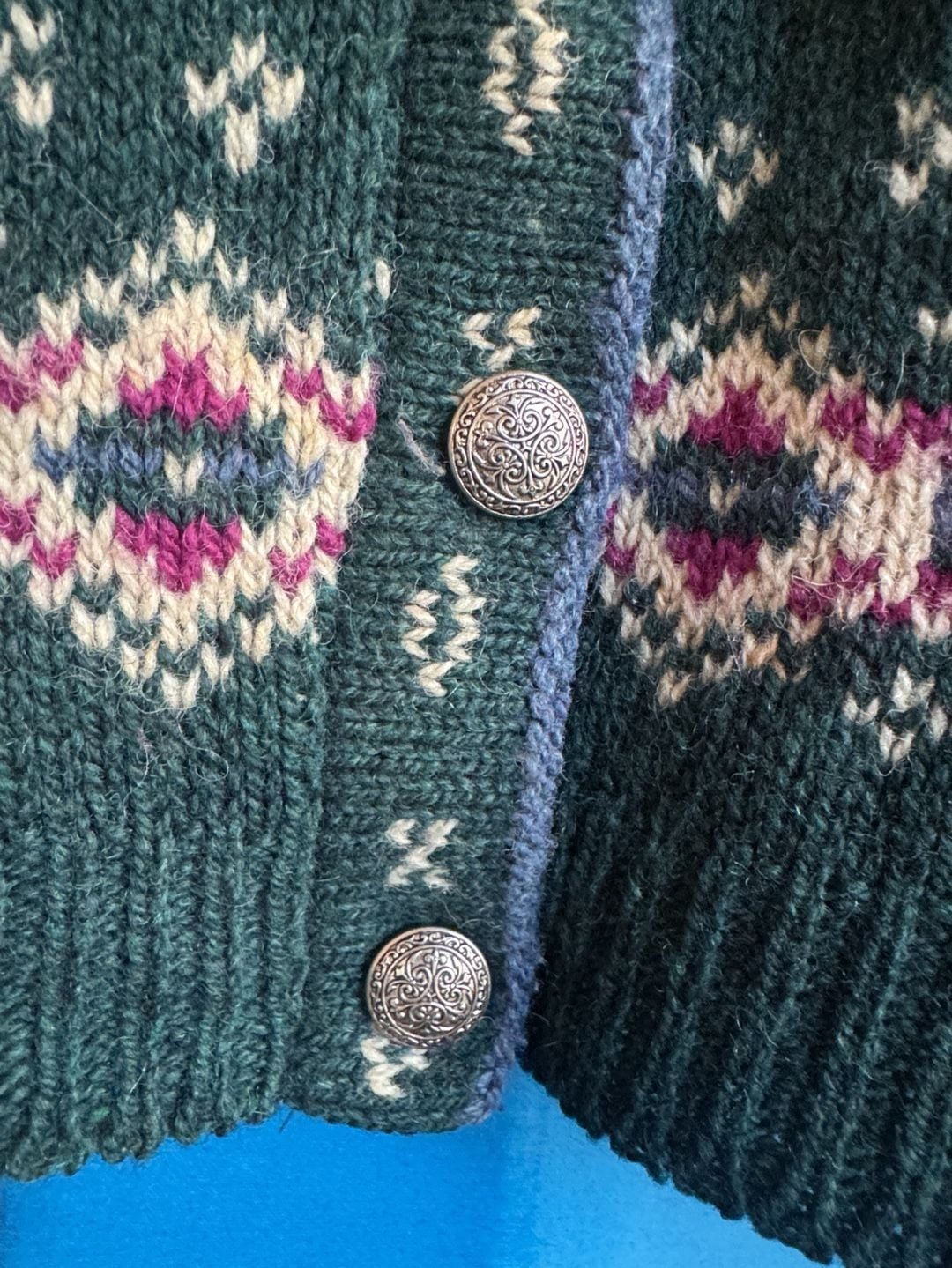 Vintage LL Bean Nordic Fair Isle Cardigan Size Large Green Wool 6