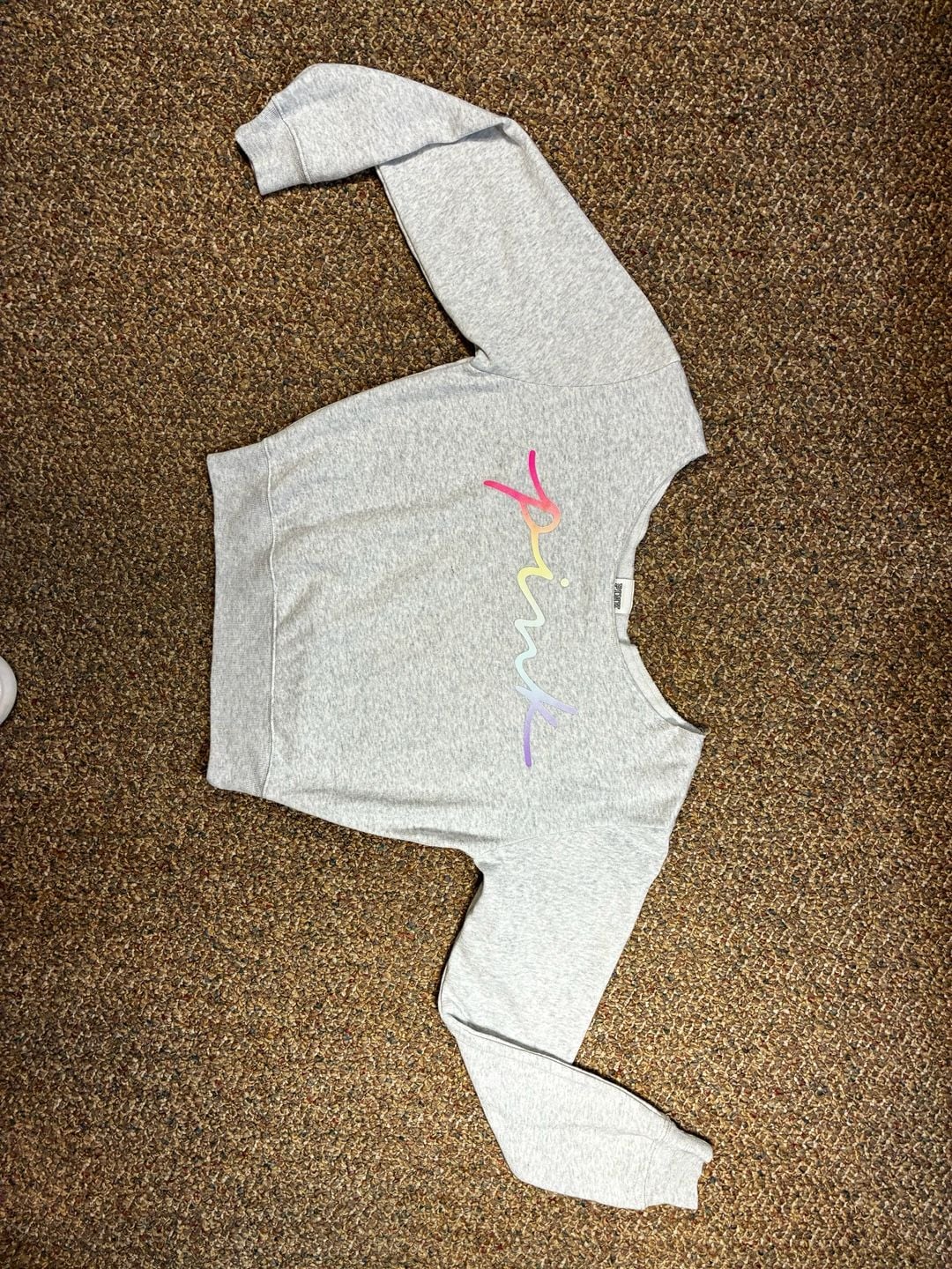 Victoria's Secret PINK Sweatshirt XS Grey Off Shoulder Gradient Logo 2