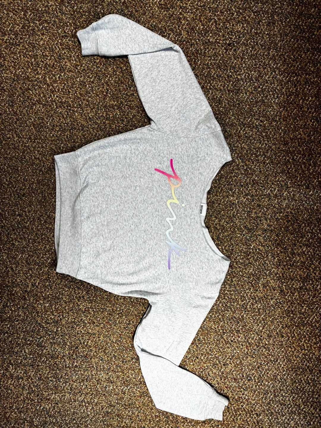 Victoria's Secret PINK Sweatshirt XS Grey Off Shoulder Gradient Logo 3