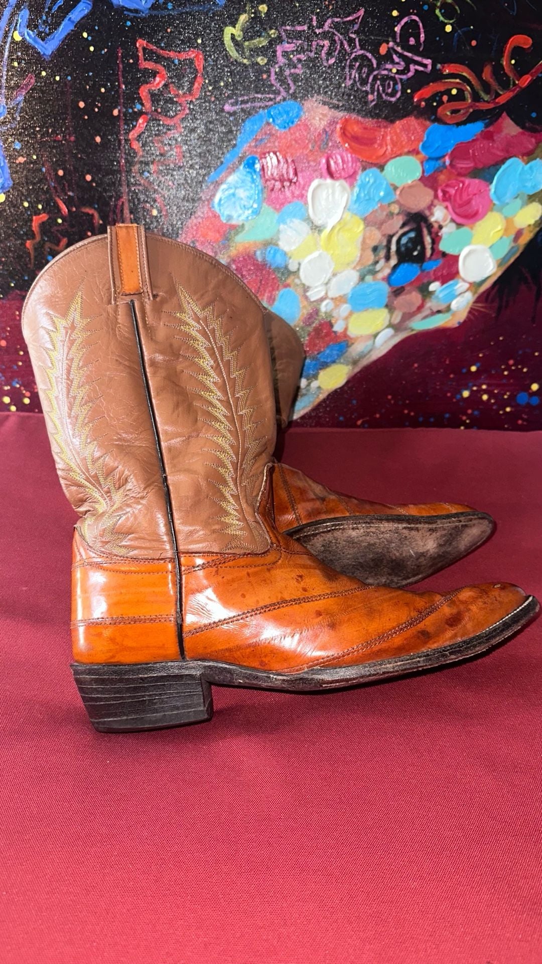 No.100 Vintage Exotic Eelskin Leather Western Cowboy Boots Brown 12