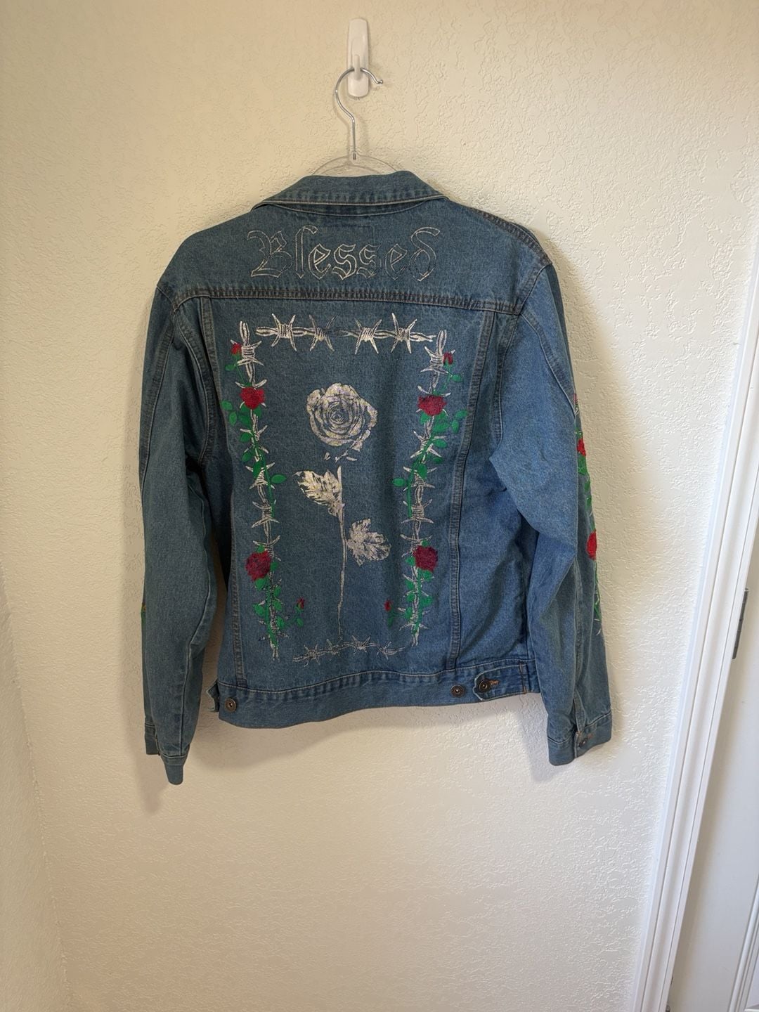 Brooklyn Cloth Jean Jacket Size M Blue Blessed Rose Embroidery Patches 3