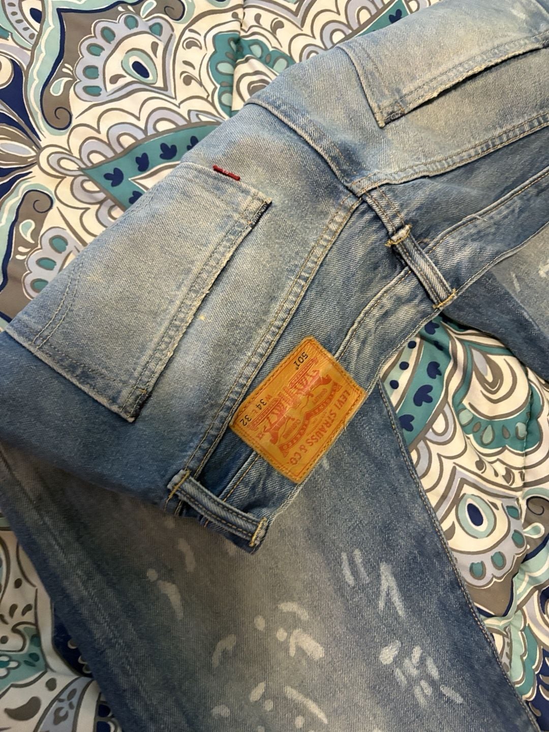 Levi's 501 Straight Jeans 34x32 Light Wash Distressed Paint Splatter 3