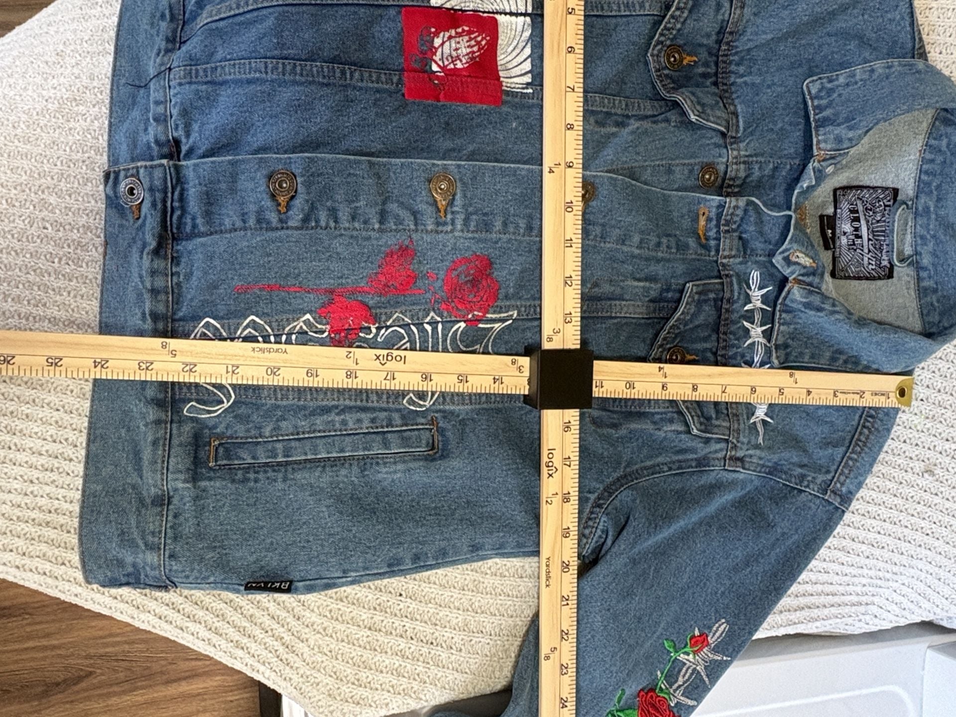 Brooklyn Cloth Jean Jacket Size M Blue Blessed Rose Embroidery Patches 4