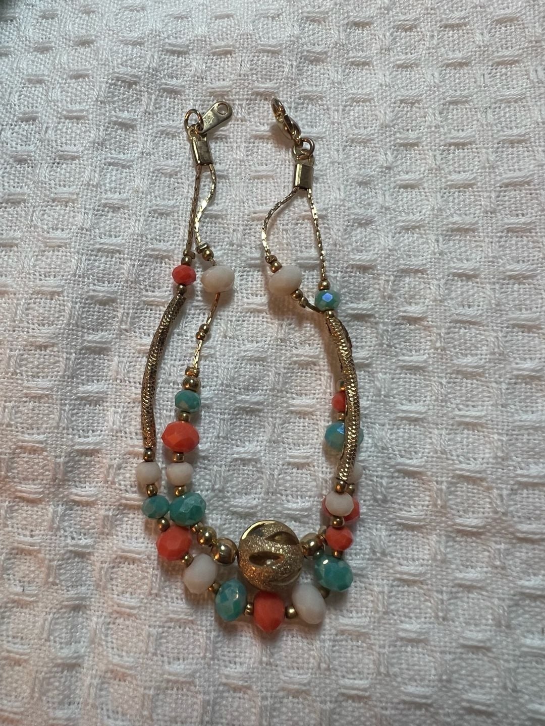 Beaded Multi-Strand Bracelet Gold Tone Turquoise Coral Faceted Beads 2
