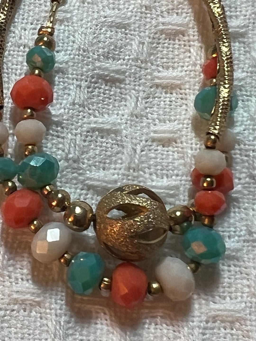 Beaded Multi-Strand Bracelet Gold Tone Turquoise Coral Faceted Beads 3