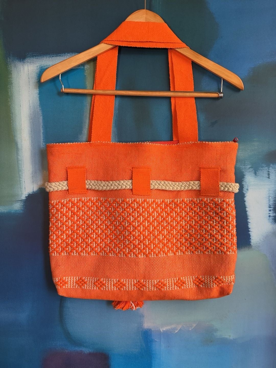 Handmade Woven Tote Bag Orange Handbag Mexican Artisan 7