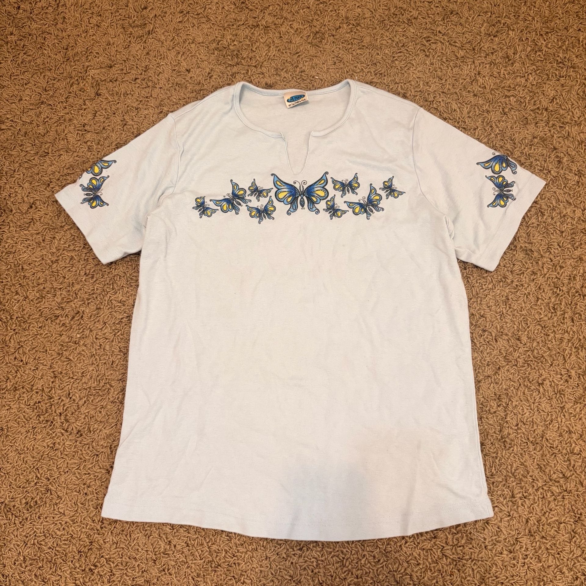 M-Fasis Butterfly T-Shirt Light Blue Slit Neck Y2K Graphic Tee 2