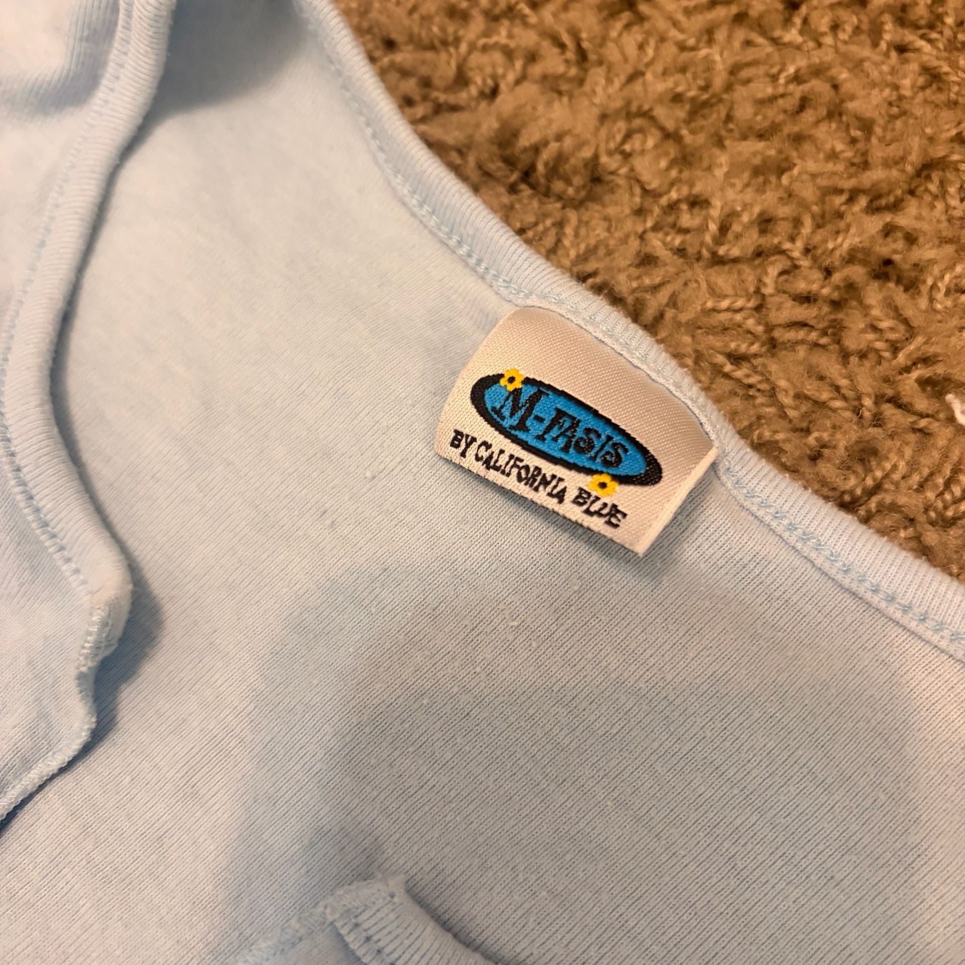 M-Fasis Butterfly T-Shirt Light Blue Slit Neck Y2K Graphic Tee 3