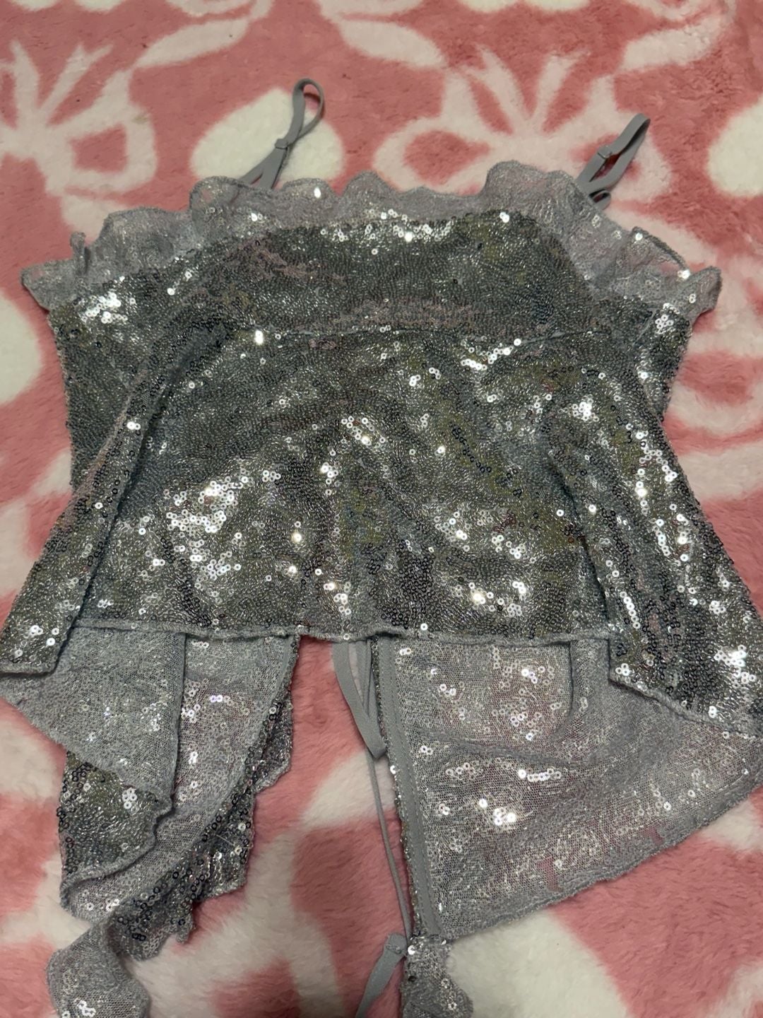 No Boundaries Sequin Tie Front Crop Top Size XS 0-2 Silver 6