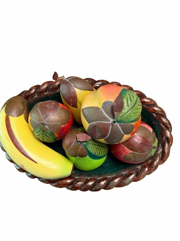 Vintage Hand-Carved Wooden Fruit Set with Basket Bowl 2