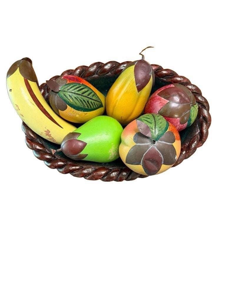 Vintage Hand-Carved Wooden Fruit Set with Basket Bowl 8