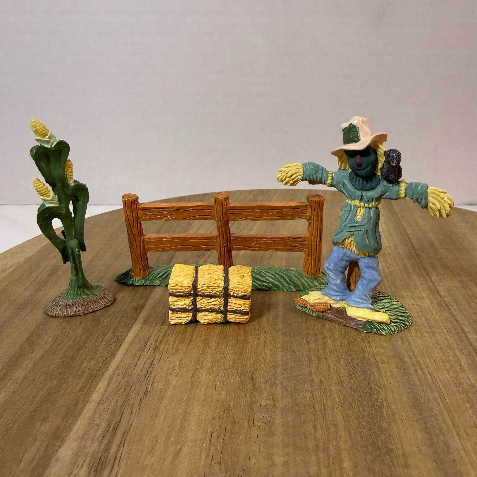 Fall Harvest Scarecrow Figurine Set with Fence Hay Bale Corn 2