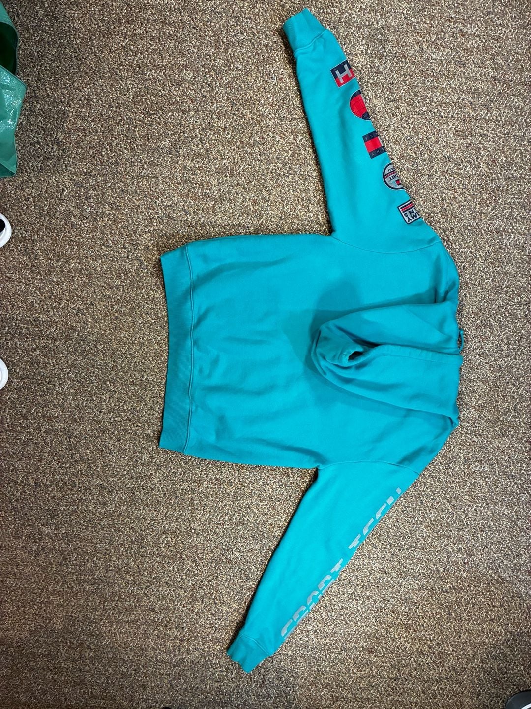Tommy Jeans Hoodie Size L Teal Logo Sleeve Patches Sport Tech 3