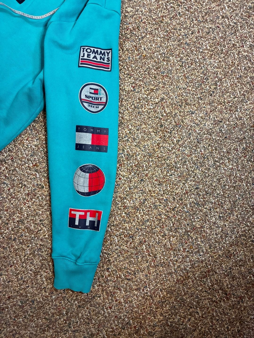 Tommy Jeans Hoodie Size L Teal Logo Sleeve Patches Sport Tech 4