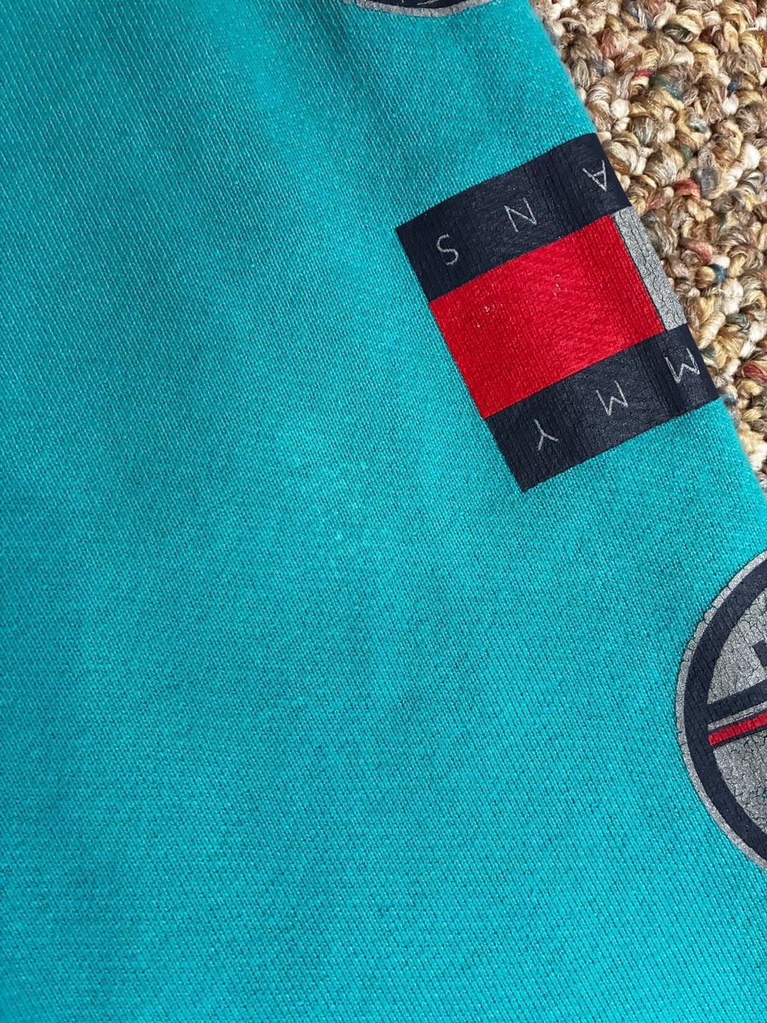 Tommy Jeans Hoodie Size L Teal Logo Sleeve Patches Sport Tech 5