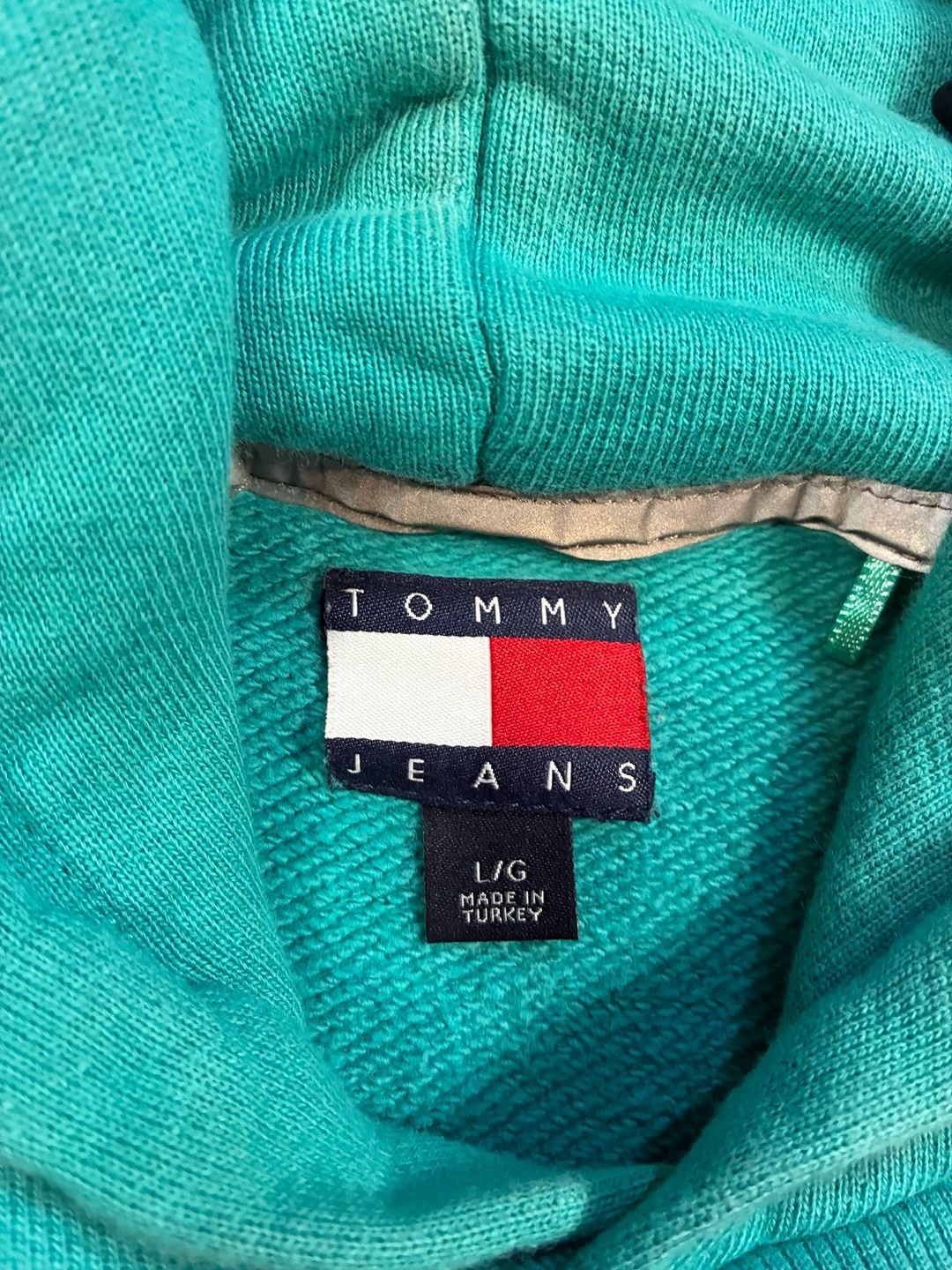 Tommy Jeans Hoodie Size L Teal Logo Sleeve Patches Sport Tech 6