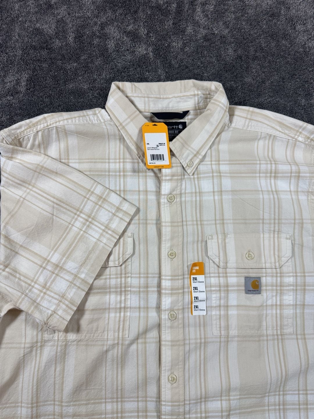 New Carhartt Loose Fit Plaid Short Sleeve Shirt 2XL Tan White 2