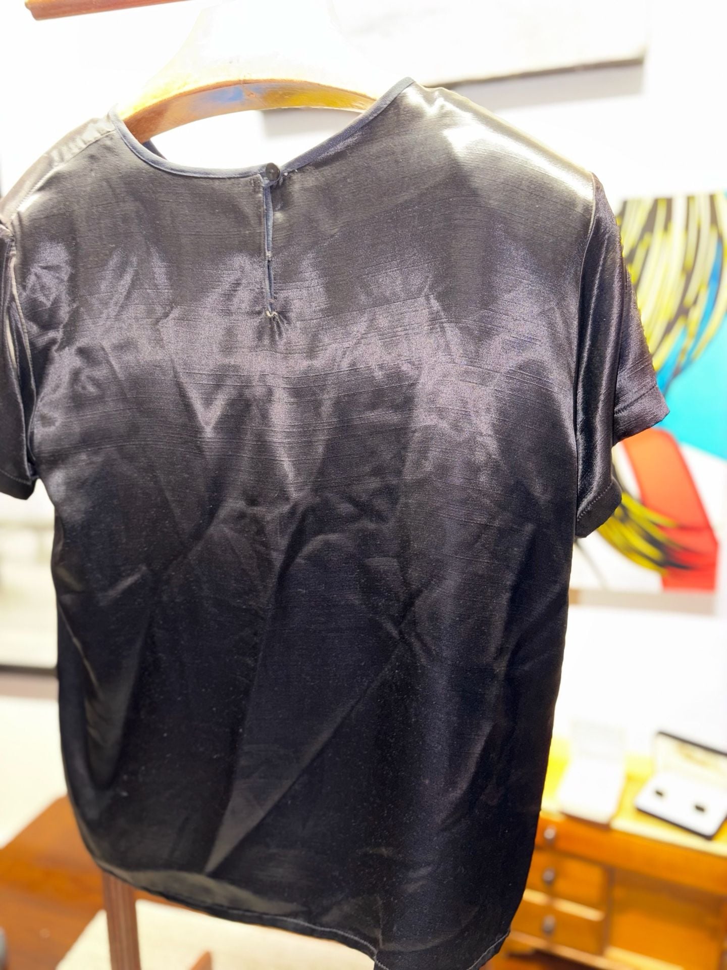 Impressions Of California Medium Black Satin Top Blouse 6