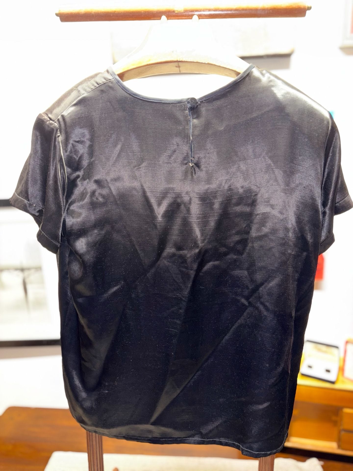 Impressions Of California Medium Black Satin Top Blouse 7