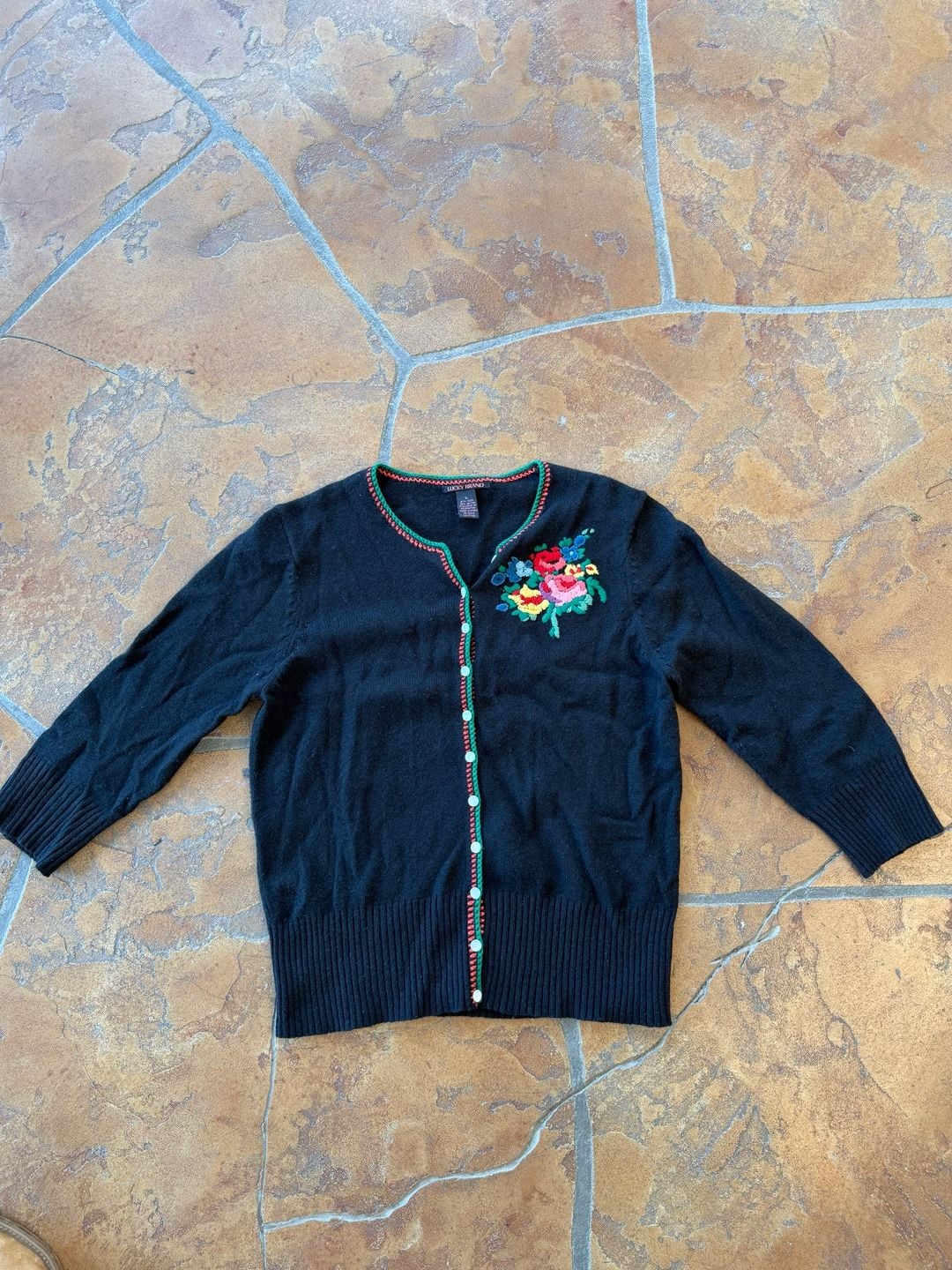 VTG Lucky Brand Floral Embroidered Cardigan Sweater Size L Black Wool Blend 2