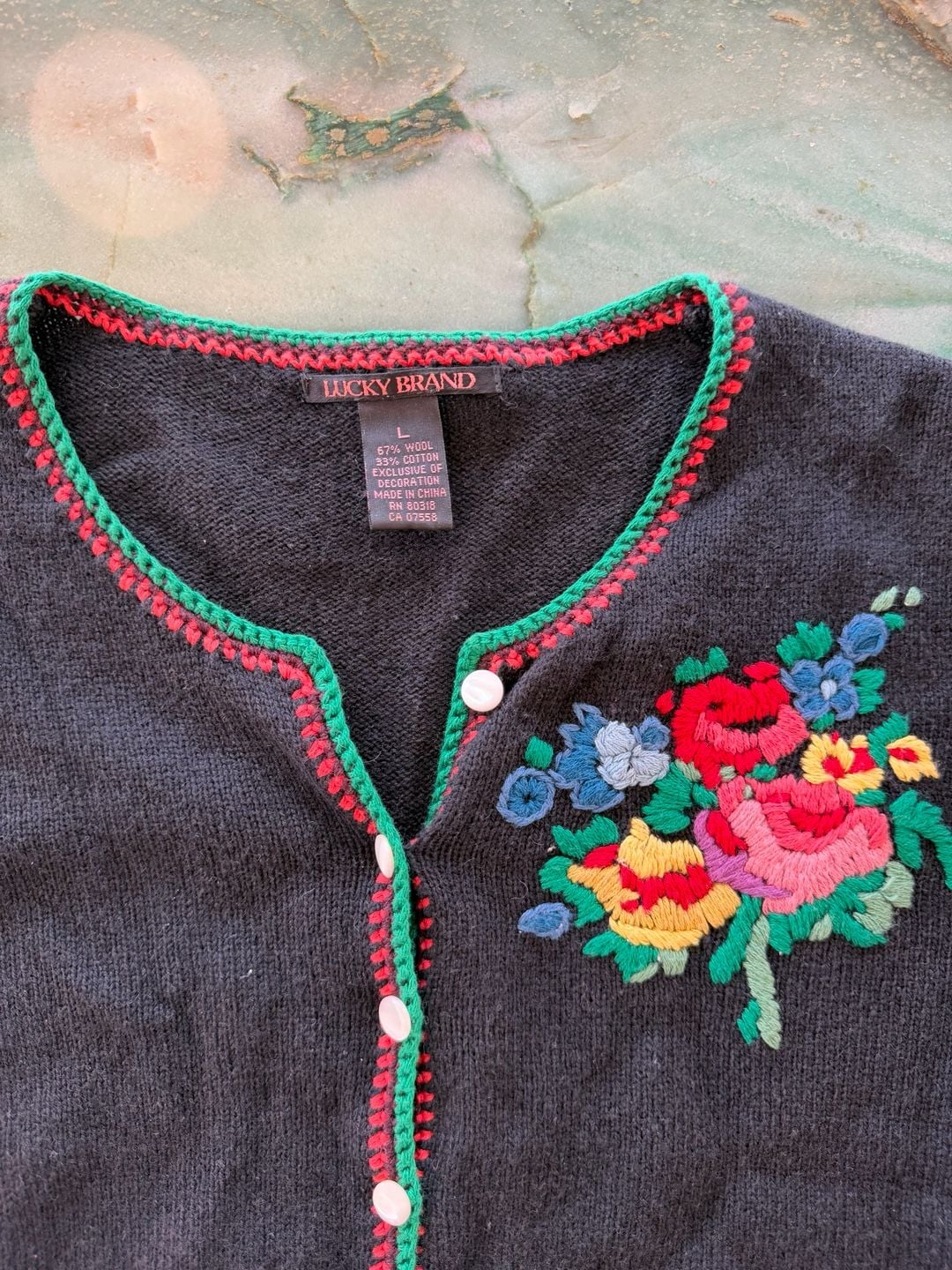VTG Lucky Brand Floral Embroidered Cardigan Sweater Size L Black Wool Blend 3