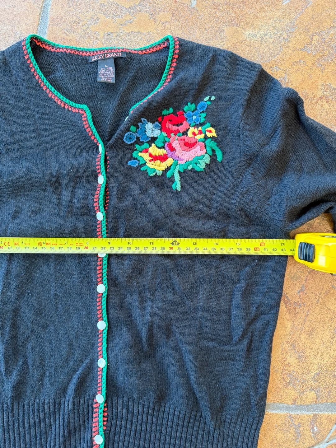 VTG Lucky Brand Floral Embroidered Cardigan Sweater Size L Black Wool Blend 5