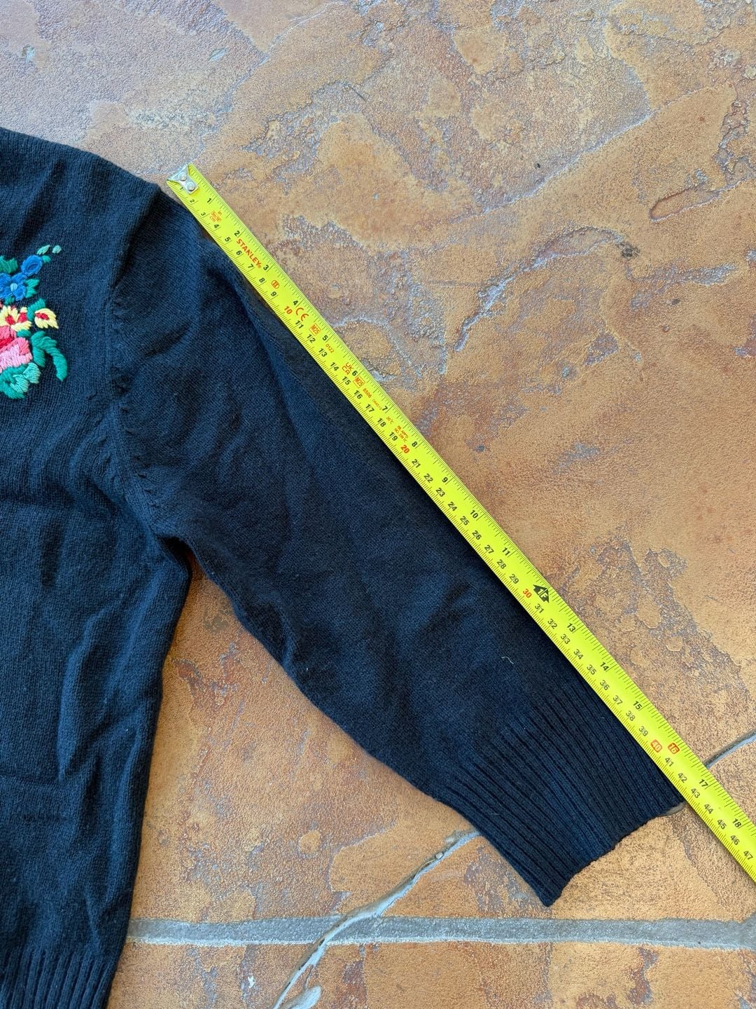 VTG Lucky Brand Floral Embroidered Cardigan Sweater Size L Black Wool Blend 6