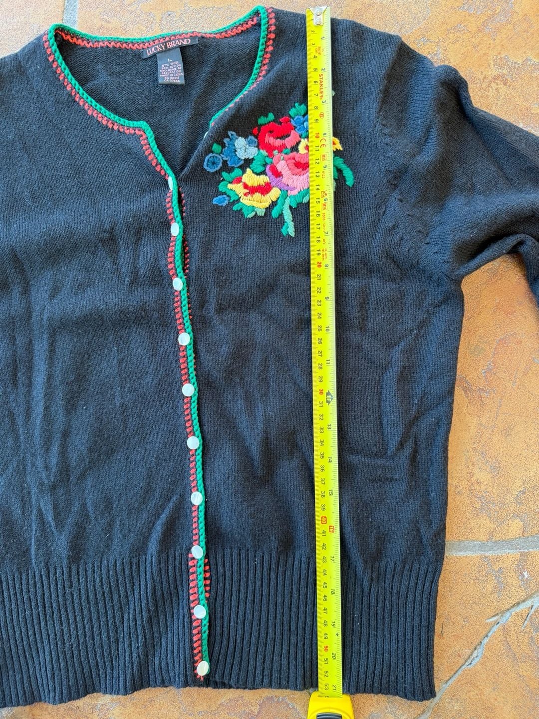 VTG Lucky Brand Floral Embroidered Cardigan Sweater Size L Black Wool Blend 7