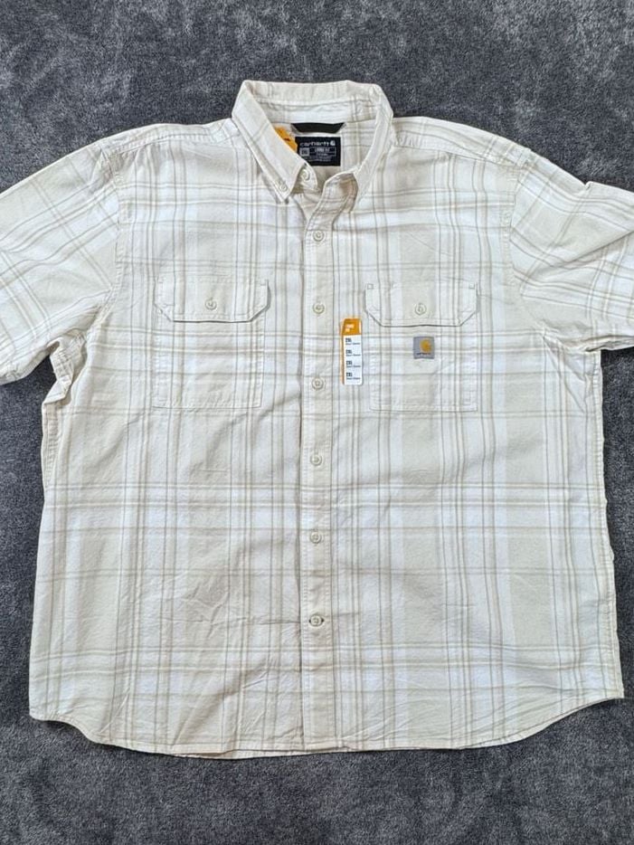 New Carhartt Loose Fit Plaid Short Sleeve Shirt 2XL Tan White 4