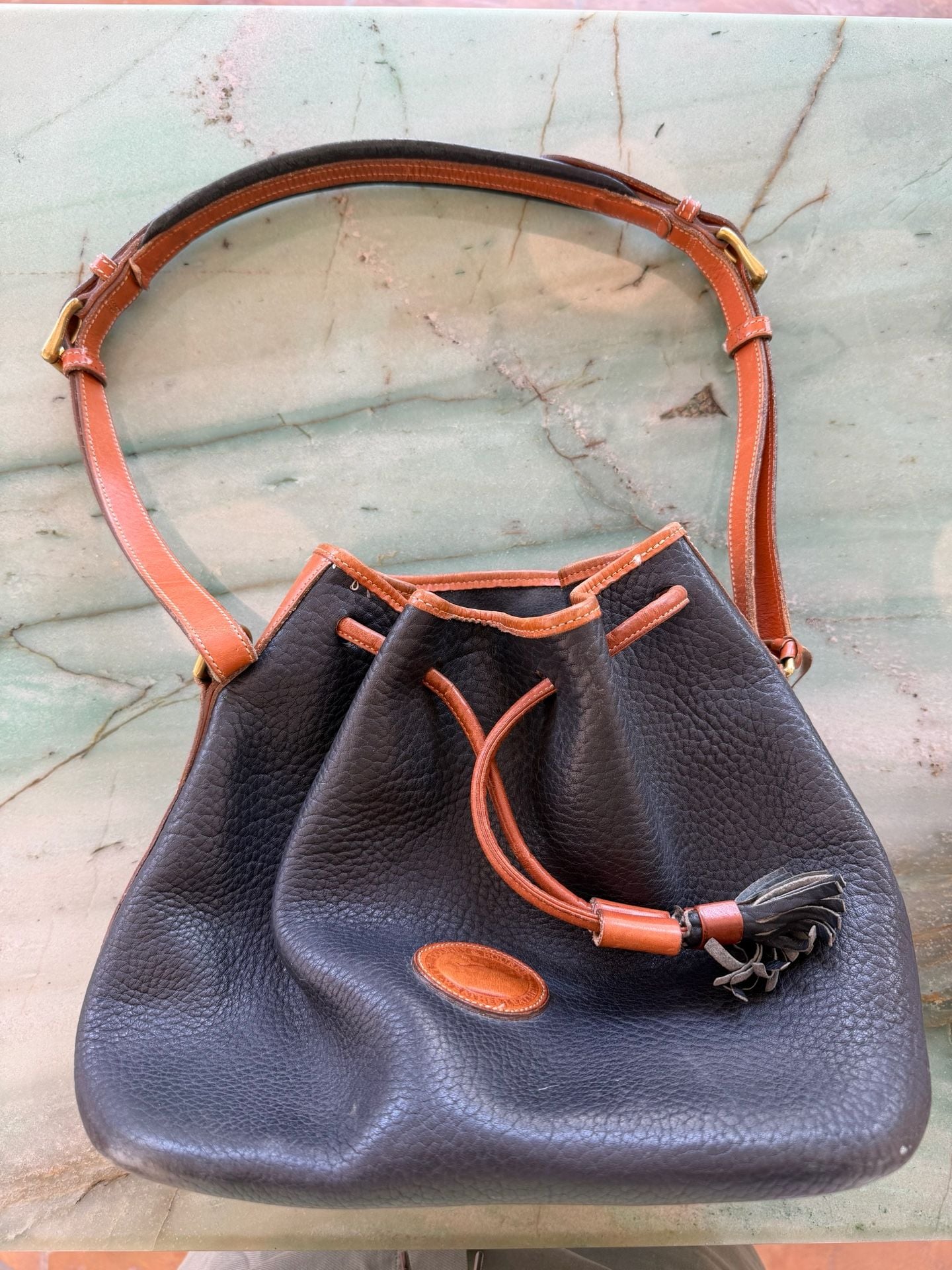 VTG Dooney & Bourke All Weather Leather Drawstring Bucket Bag Black Brown 2