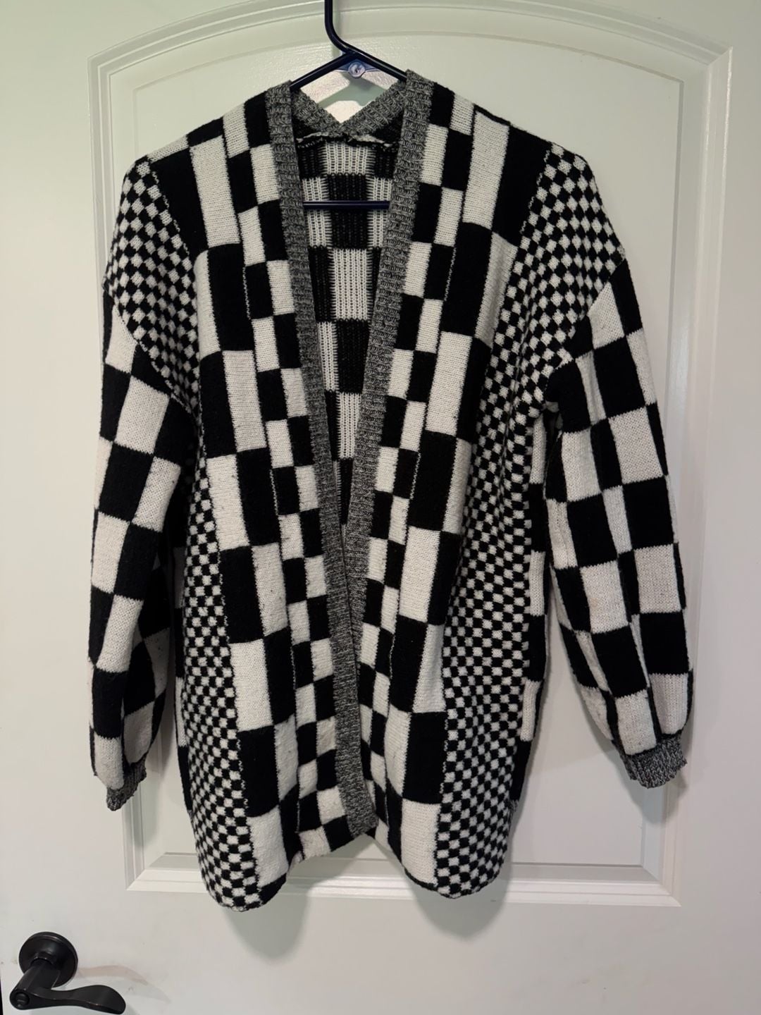 Black White Checkered Open Front Cardigan Y2K Indie Streetwear Size S 2