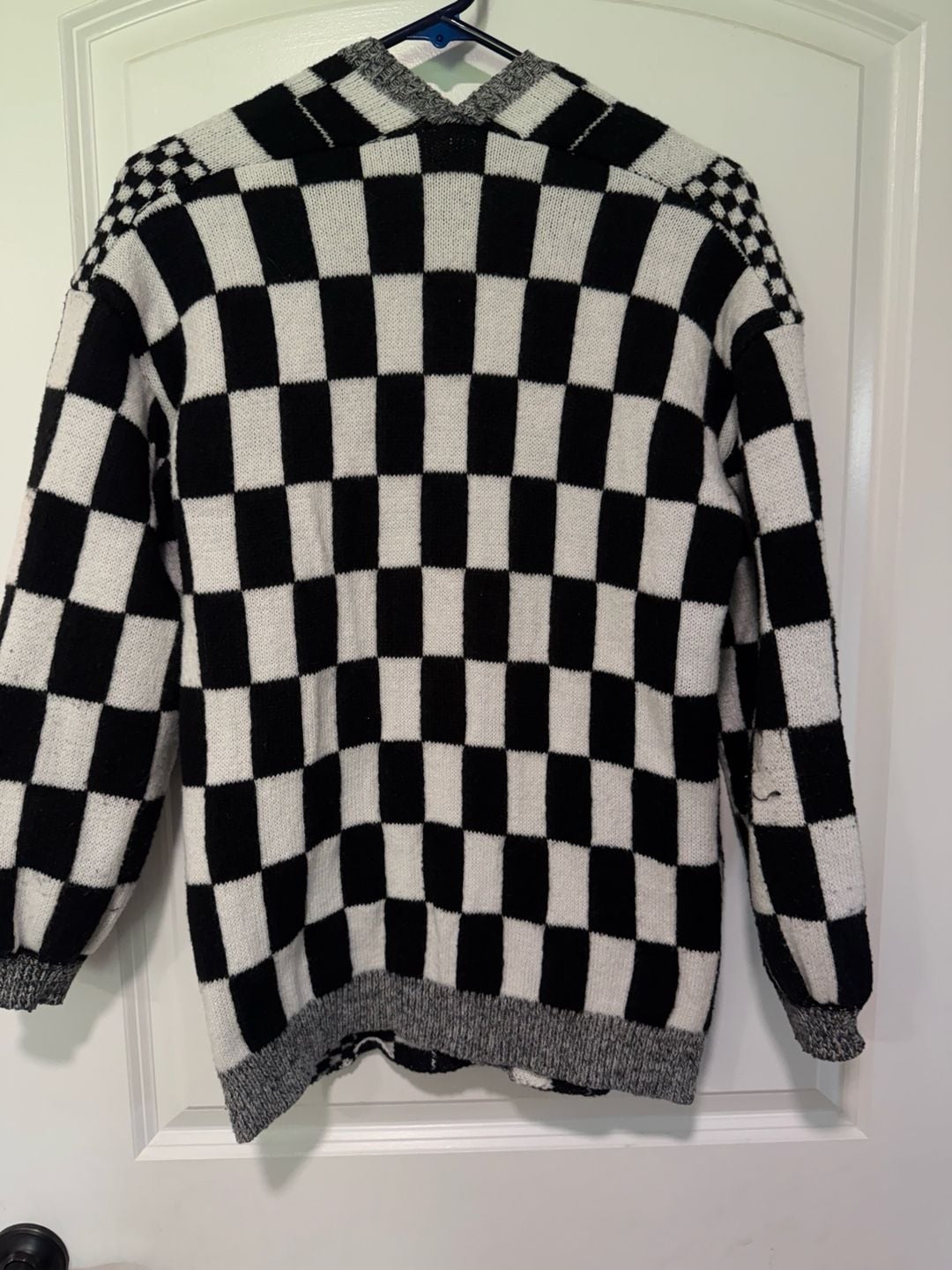 Black White Checkered Open Front Cardigan Y2K Indie Streetwear Size S 3