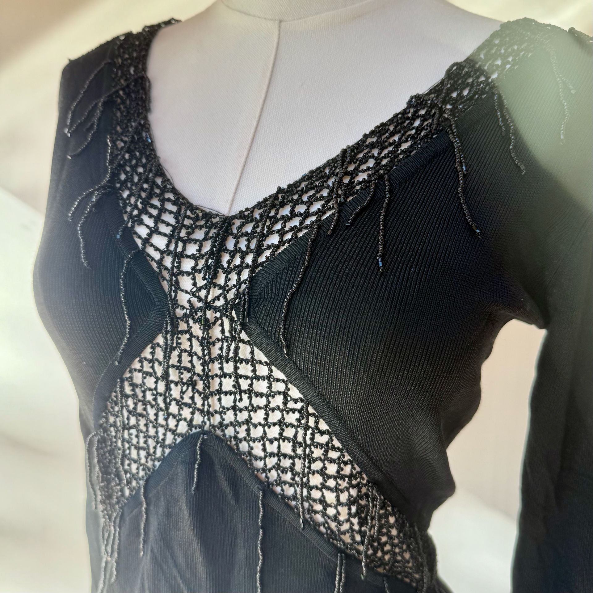 Italian Beaded Top Black Long Sleeve Vintage 2
