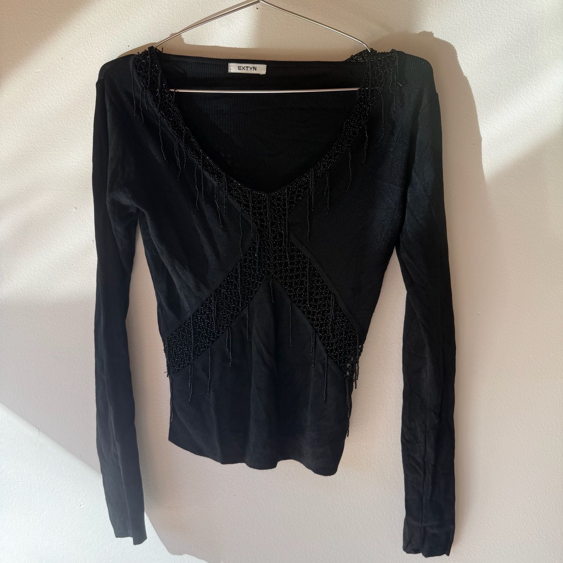 Italian Beaded Top Black Long Sleeve Vintage 14