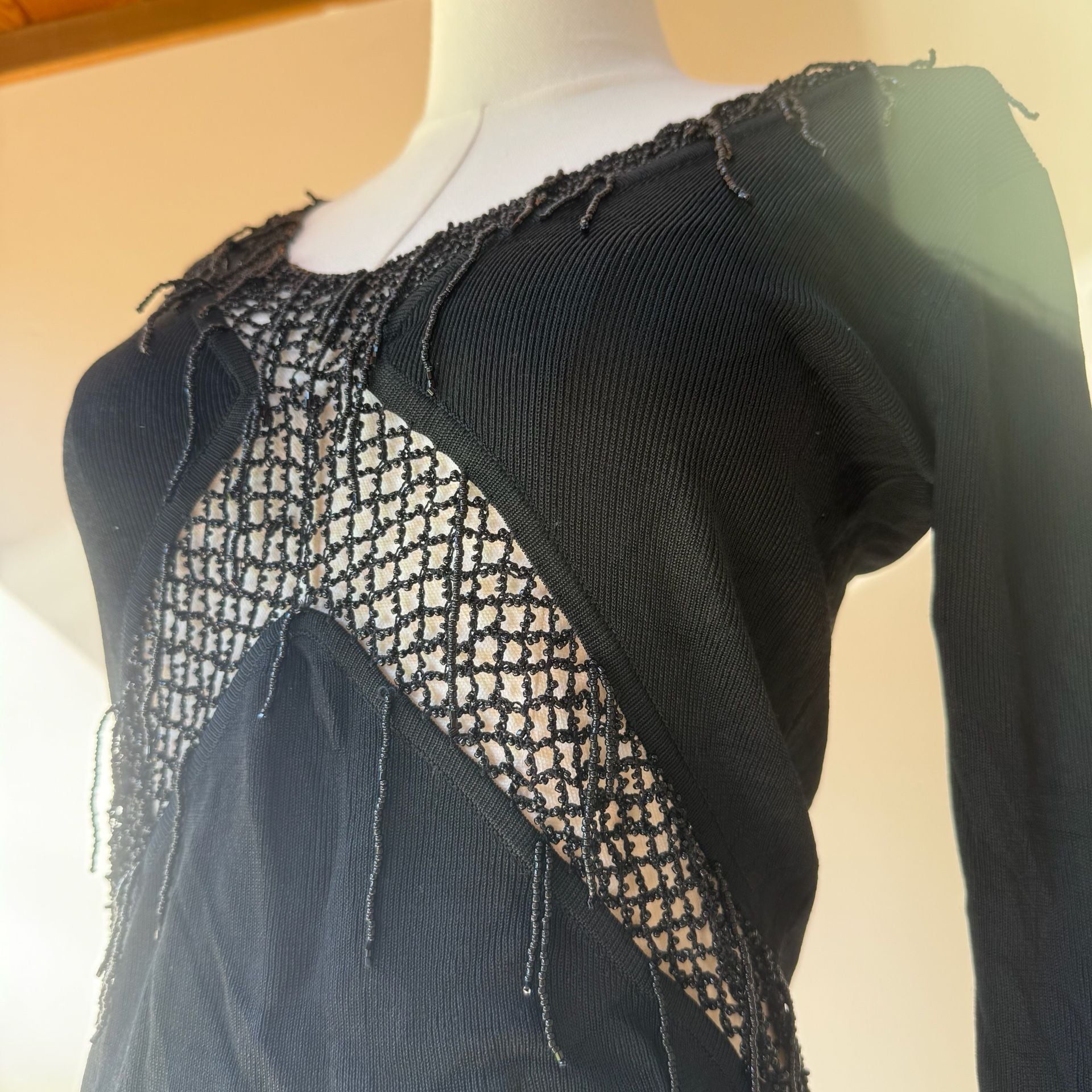 Italian Beaded Top Black Long Sleeve Vintage 16