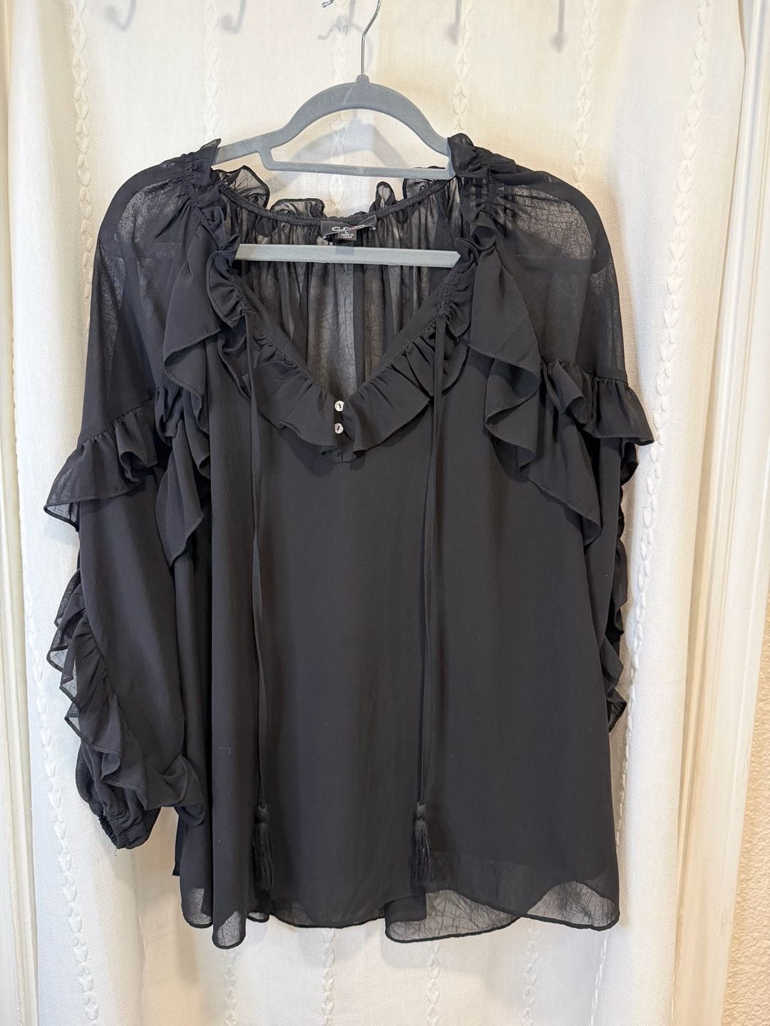 GIGIO USA Women’s L Black Sheer Ruffle Blouse Boho Peasant Top Long Sleeve 2