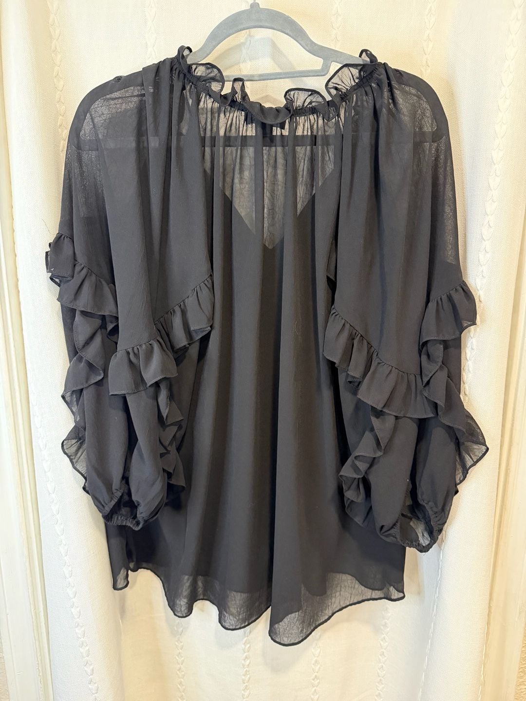 GIGIO USA Women’s L Black Sheer Ruffle Blouse Boho Peasant Top Long Sleeve 3