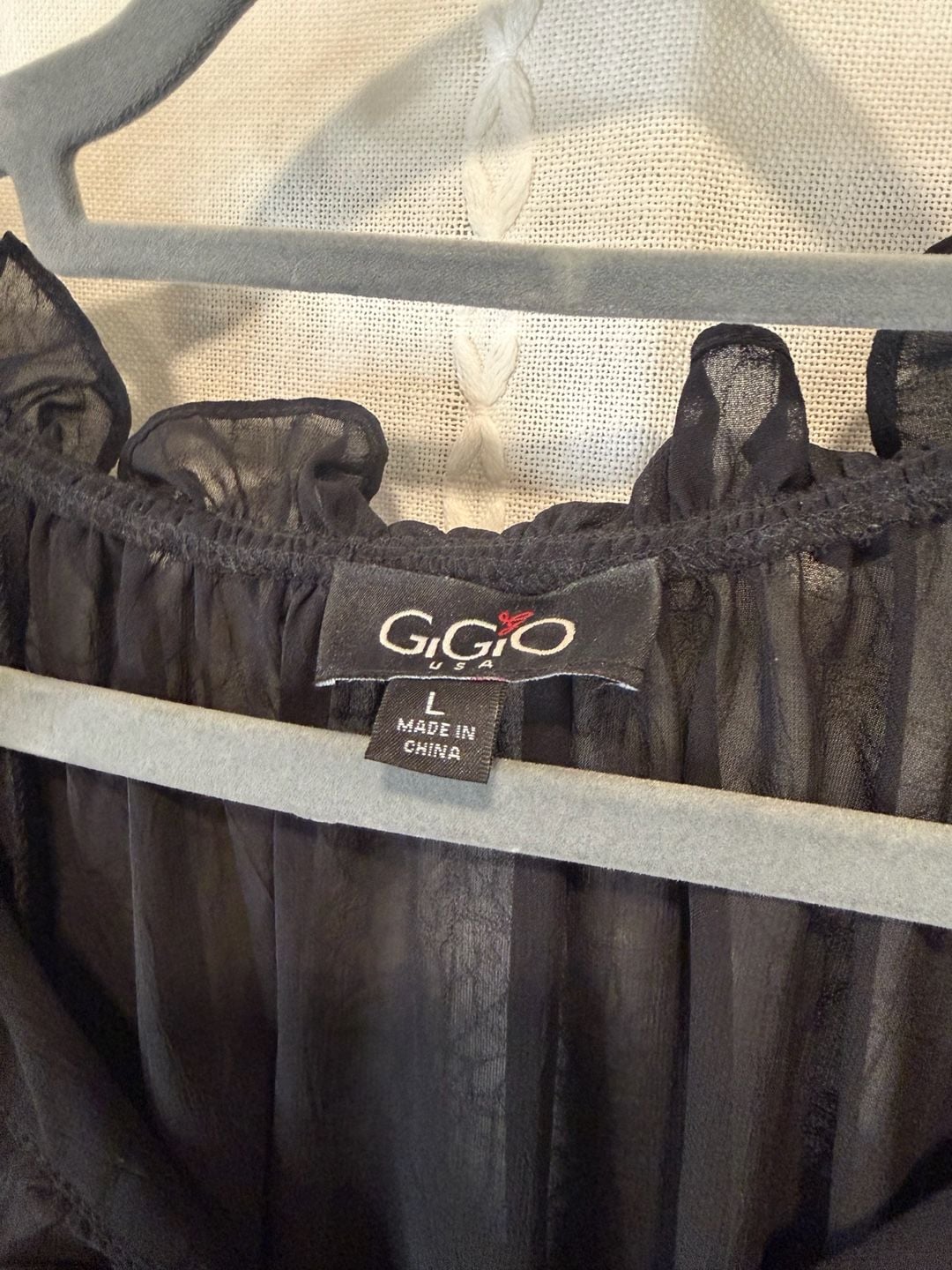 GIGIO USA Women’s L Black Sheer Ruffle Blouse Boho Peasant Top Long Sleeve 4