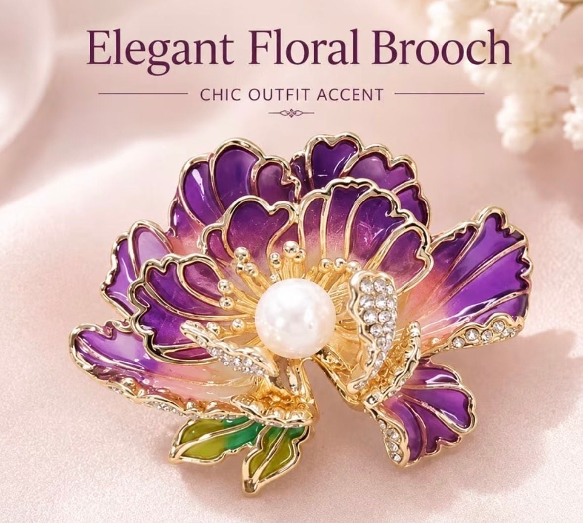 Elegant Floral Peony Brooch Pin Purple Enamel Gold Plated Pearl 2