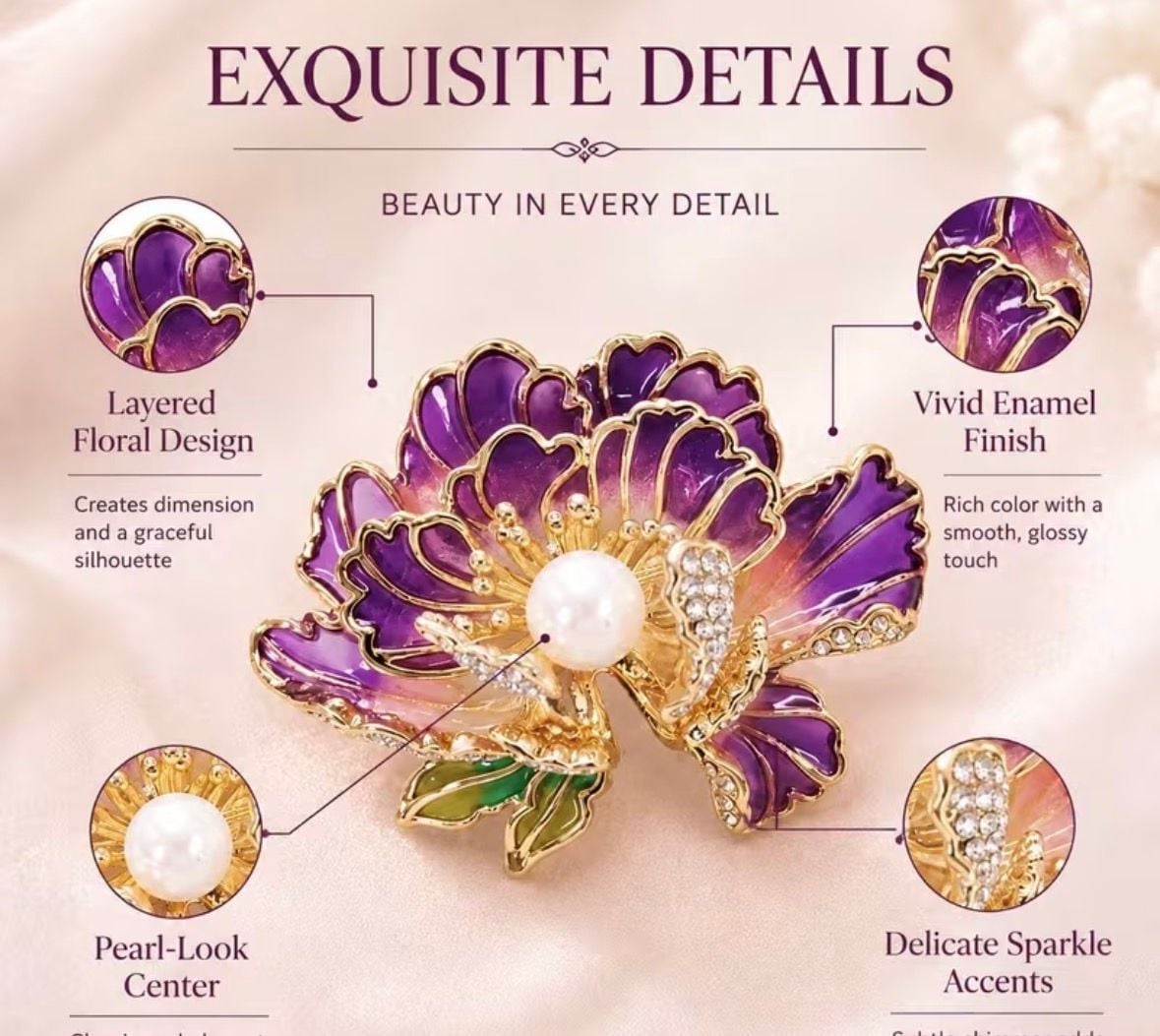 Elegant Floral Peony Brooch Pin Purple Enamel Gold Plated Pearl 3