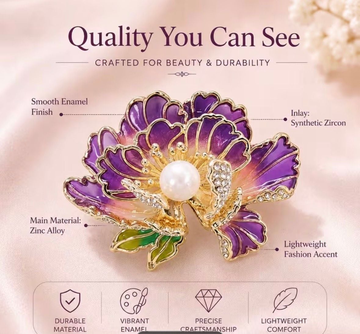 Elegant Floral Peony Brooch Pin Purple Enamel Gold Plated Pearl 4