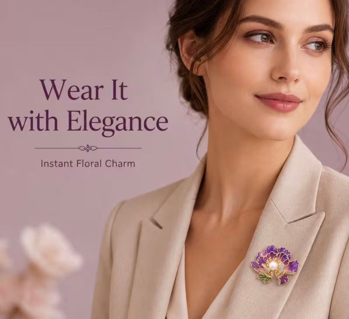 Elegant Floral Peony Brooch Pin Purple Enamel Gold Plated Pearl 6