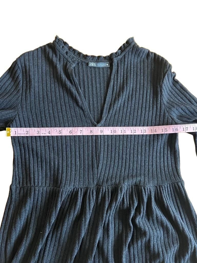 Zara Ribbed Knit Mini Dress Size S Black Ruffle V Neck Long Sleeve Babydoll 7