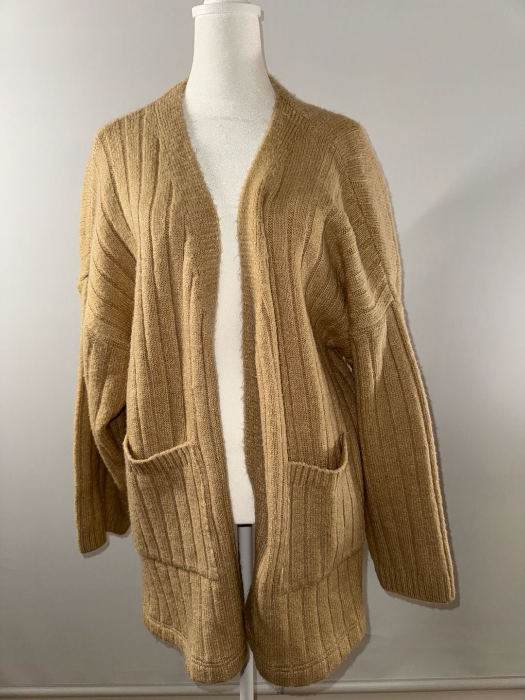 n.by n.coco Cardigan Sweater Camel Ribbed Open Front Pockets 2