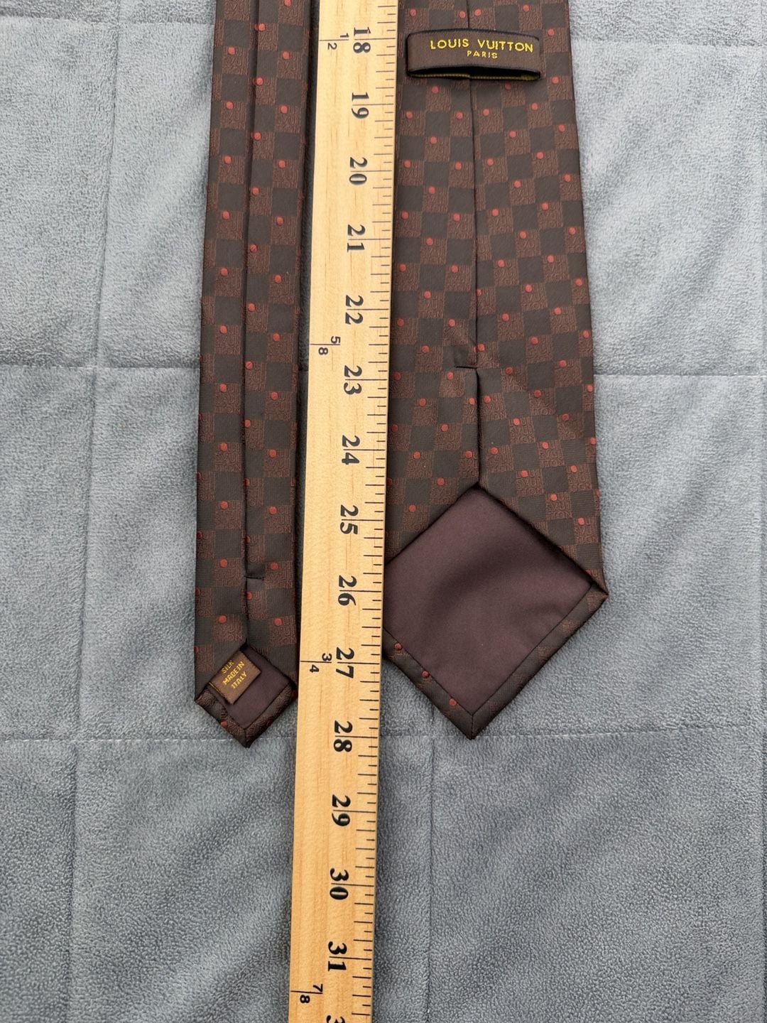 Louis Vuitton Damier Silk Neck Tie Brown Red Check Polka Dot 8